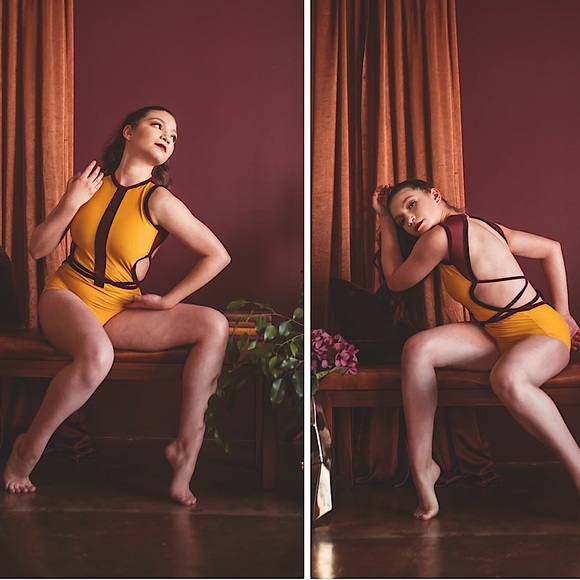 🍁Details Dancewear Golden Yellow & Dark Maroon Ballet Leotard, Fall perfect!🍂